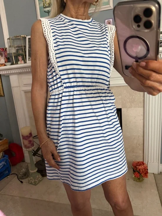 Molly Bracken White & Blue Striped Sleeveless Crochet-Trim Mini Dress - Picture 1 of 2